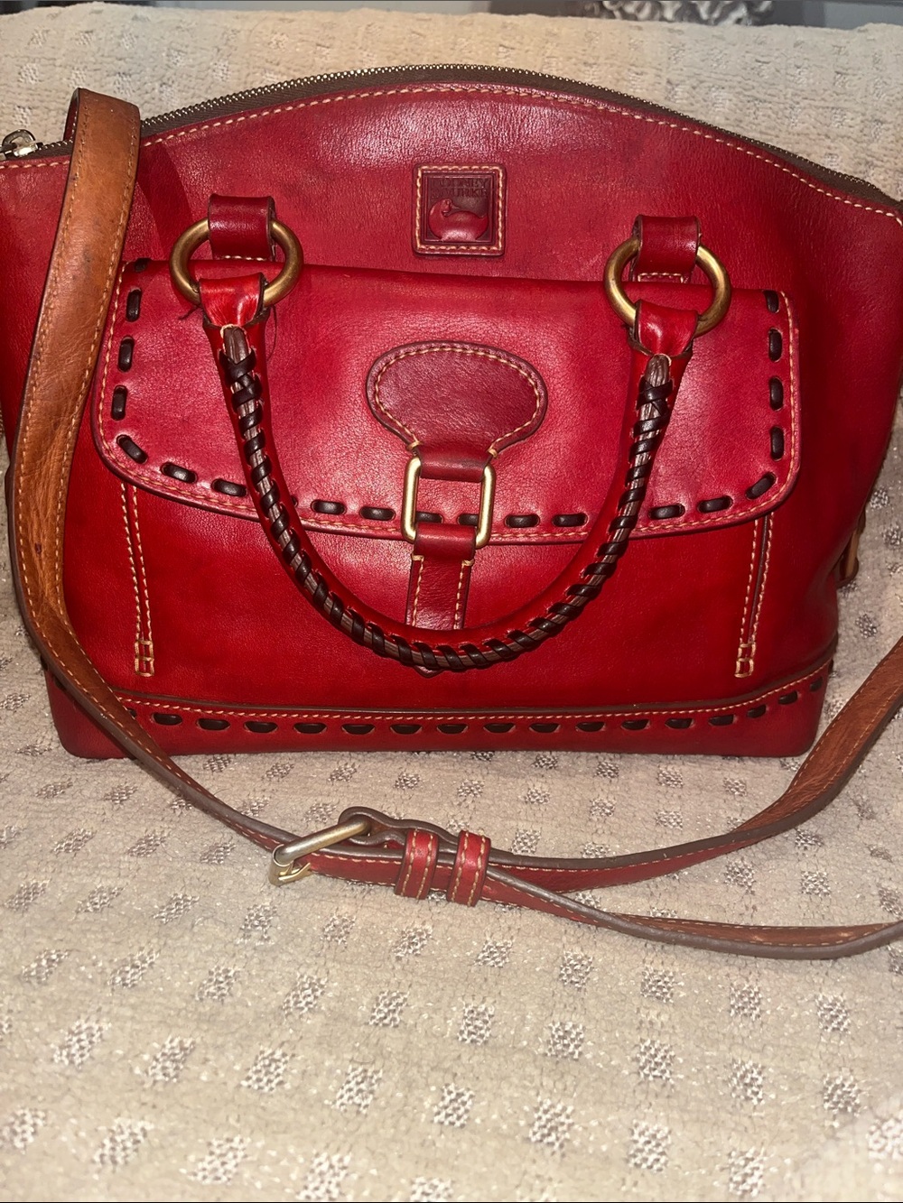 Dooney & Bourke Florentine Red Leather satchel Shoulder Bag with Brown Strap
